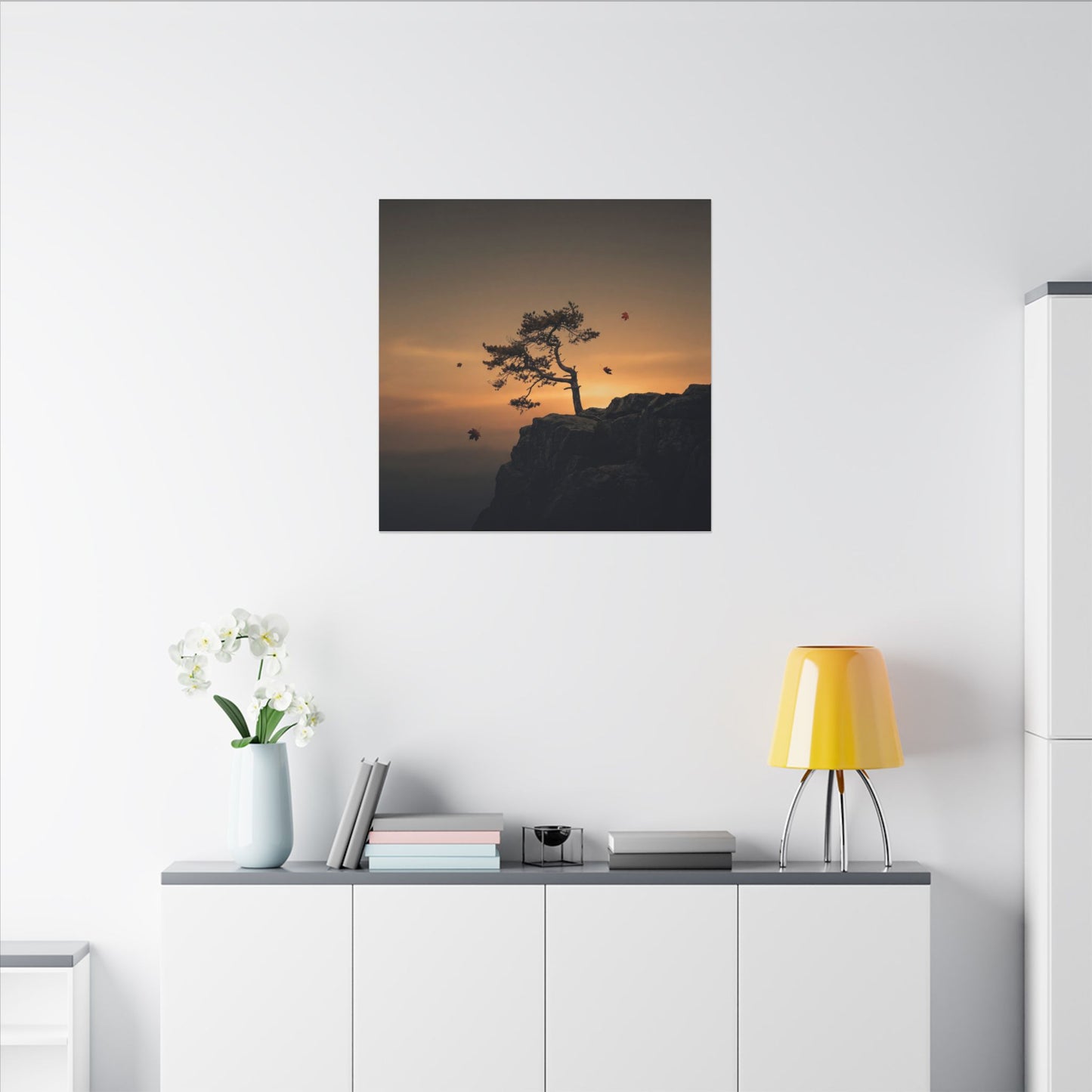 Dark Japandi Pine Tree in Golden Hour | Moody Minimal Canvas Art