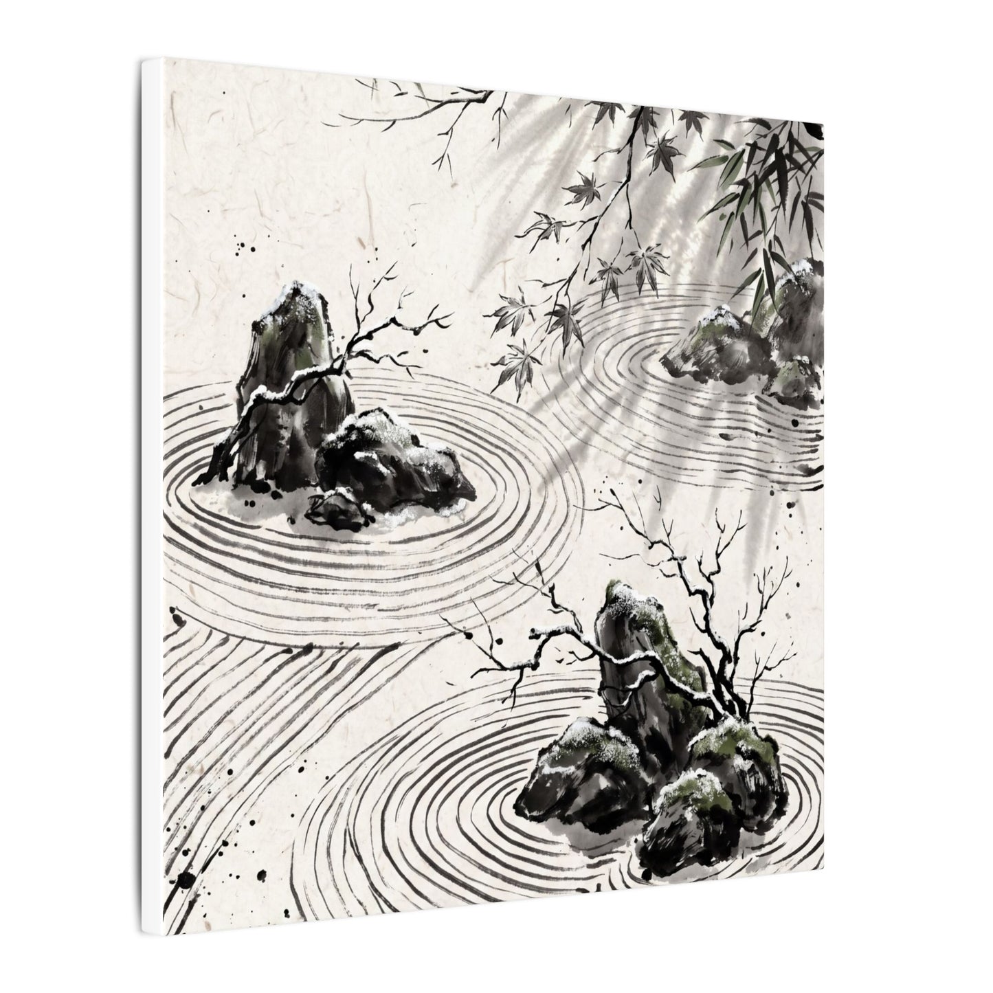 Rock Garden Canvas Art | Winter Zen Sumi E Art