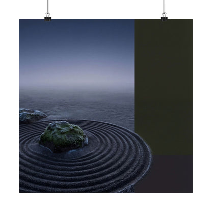 Dark Japandi Rock Garden in Dawn | Moody Minimal Wall Art Print