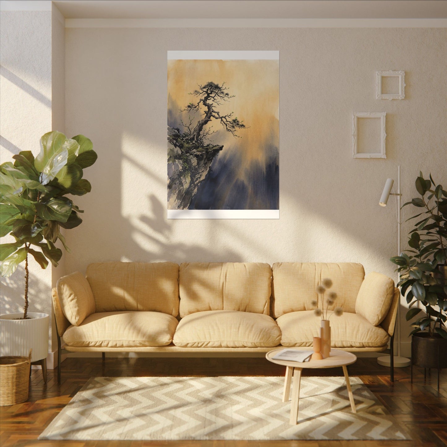 Zen Pine Tree in Golden Hour | Sumi E Canvas Art