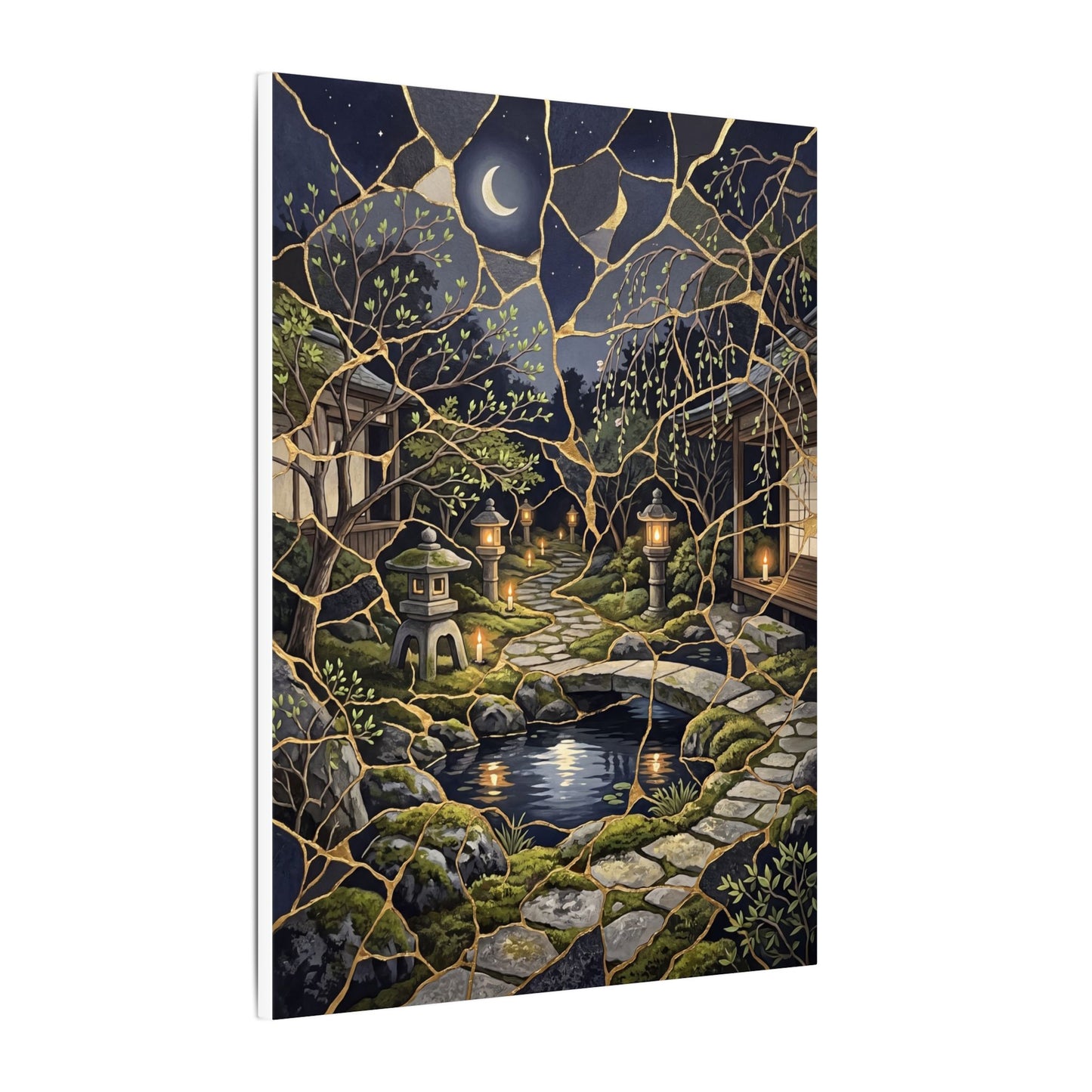 Kintsugi Moonlit Garden in Candlelight | Gold Vein Canvas Art