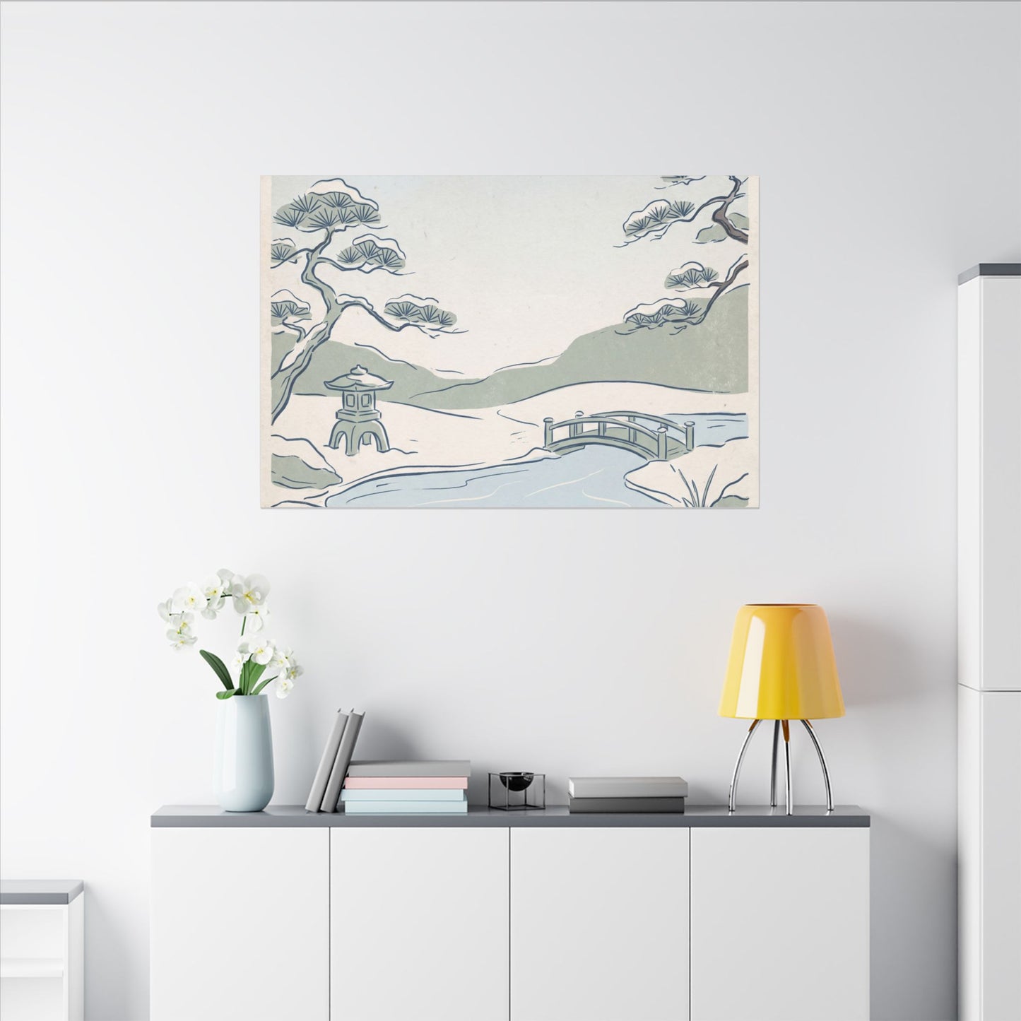 Japandi Moonlit Garden in Moonlight | Minimal Line Canvas Art