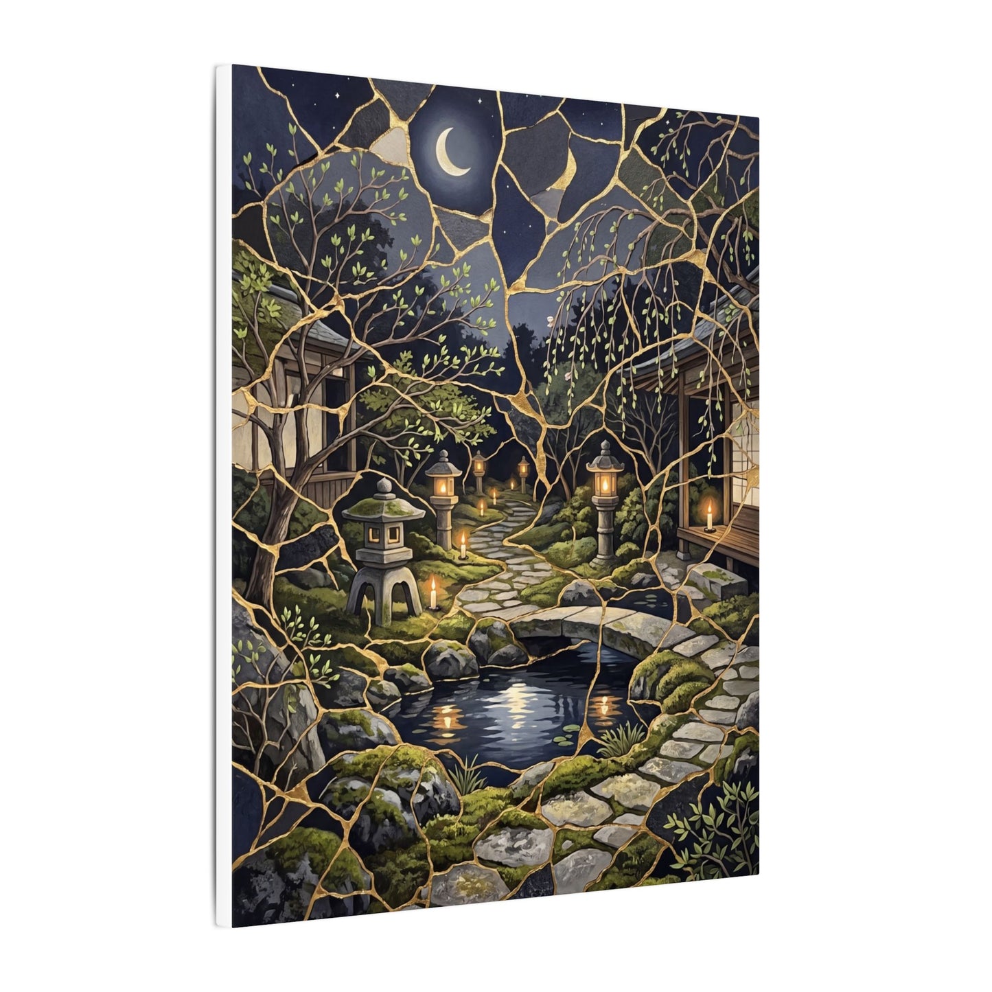 Kintsugi Moonlit Garden in Candlelight | Gold Vein Canvas Art