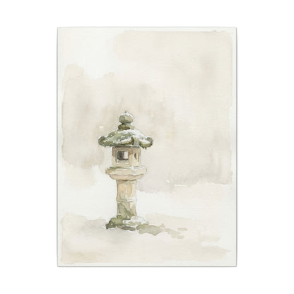 Stone Lantern Winter Canvas Art | Japandi Earthy Design
