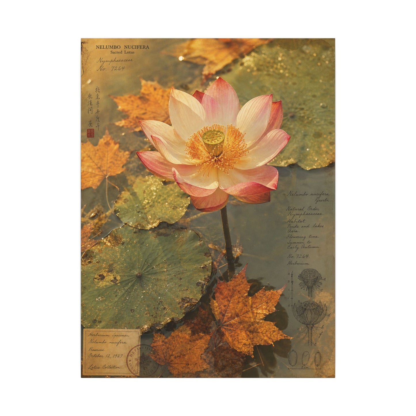 Autumn Lotus Flower Herbarium Canvas Art | Rustic Decor