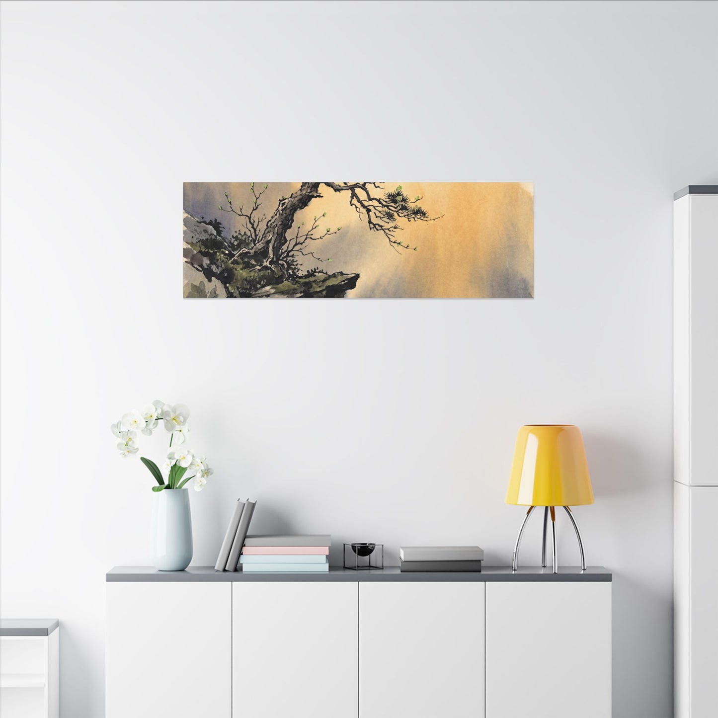 Zen Pine Tree in Golden Hour | Sumi E Canvas Art