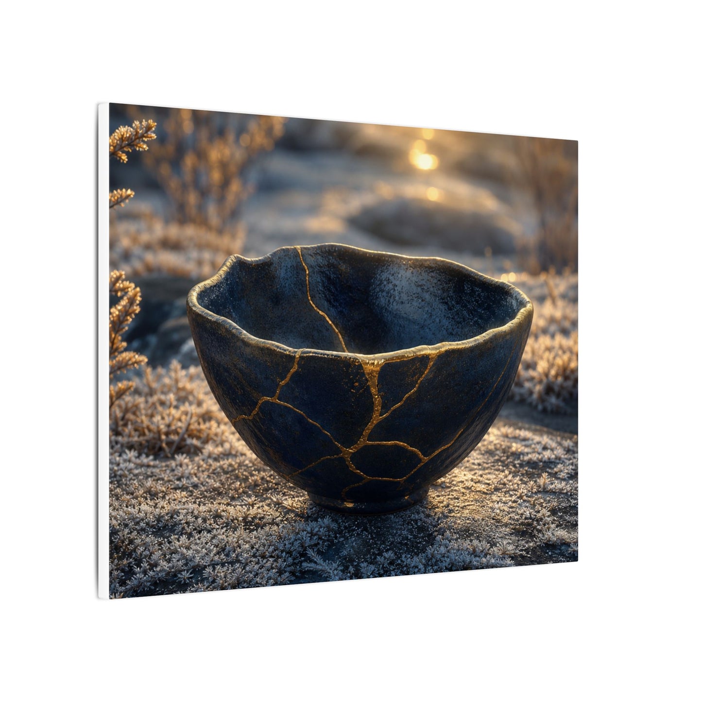 Ceramic Bowl Canvas Art | Winter Kintsugi Gold Repair Art