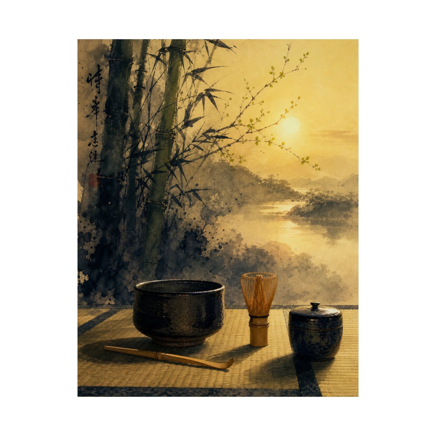Shibui Tea Ceremony Wall Art Print - Zen Sumi E