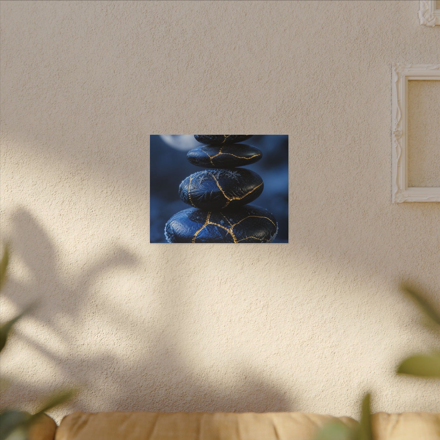 River Stones Canvas Art | Winter Kintsugi Gold Repair Art