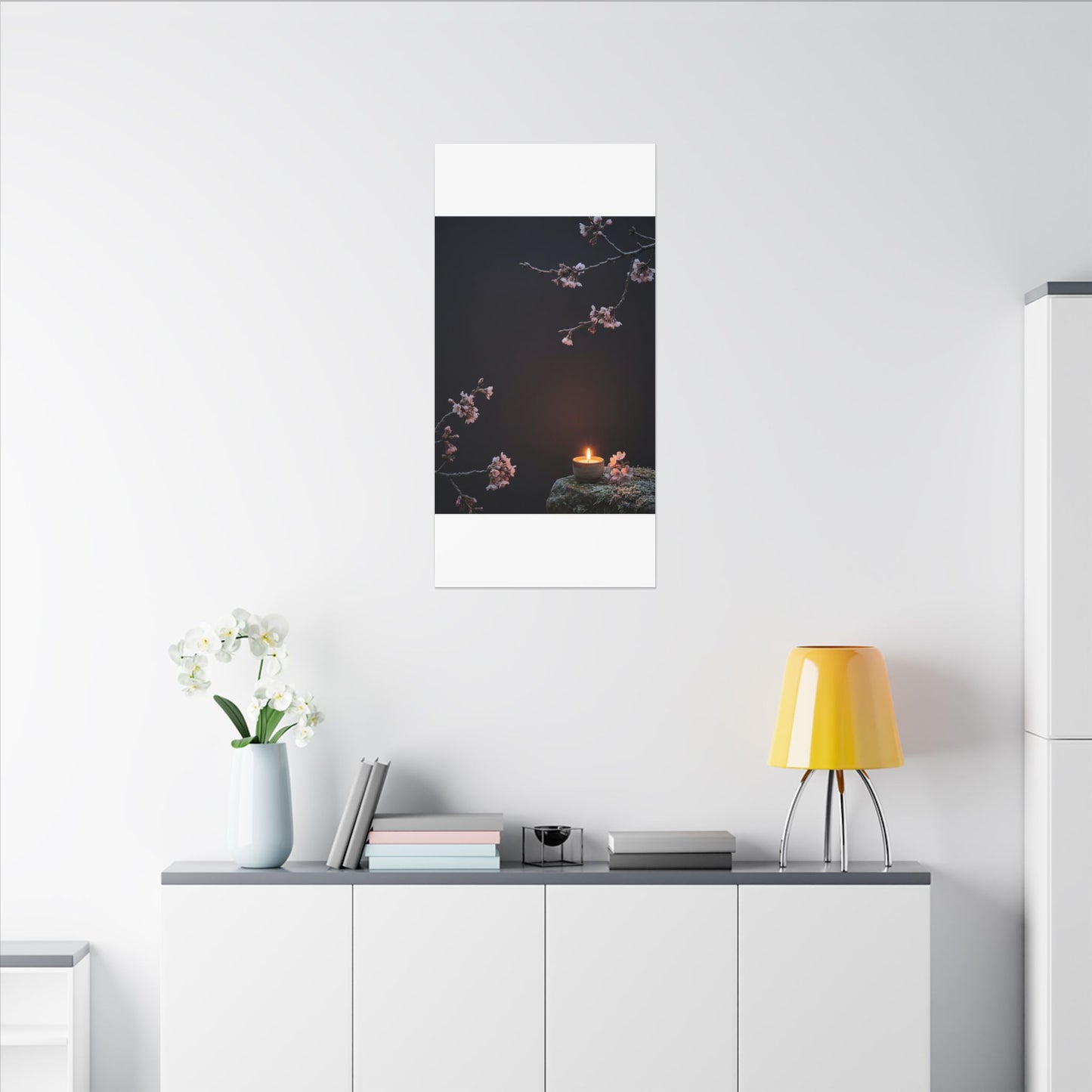 Dark Japandi Cherry Blossom in Candlelight | Moody Minimal Canvas Art