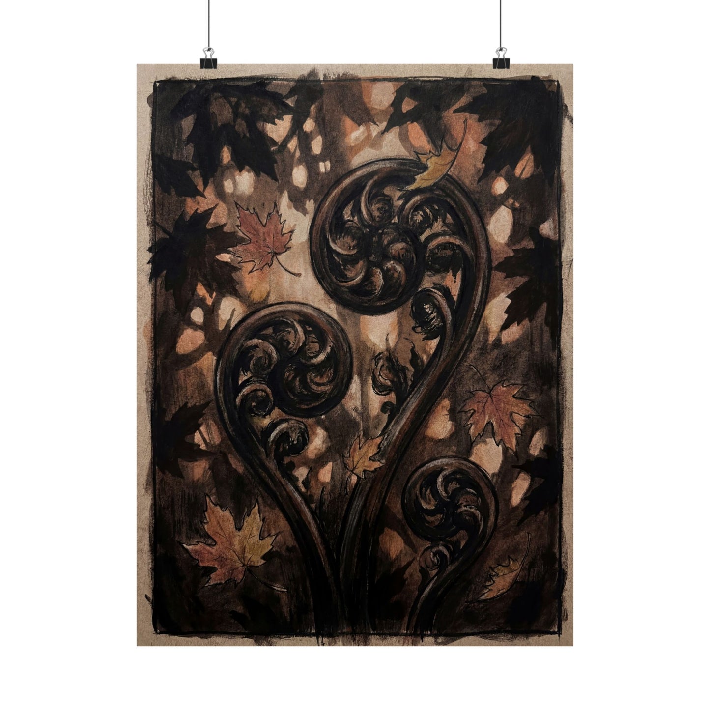 Fern Unfurling Autumn Wall Art Print | Dark Japandi Sophisticated Design Art Print