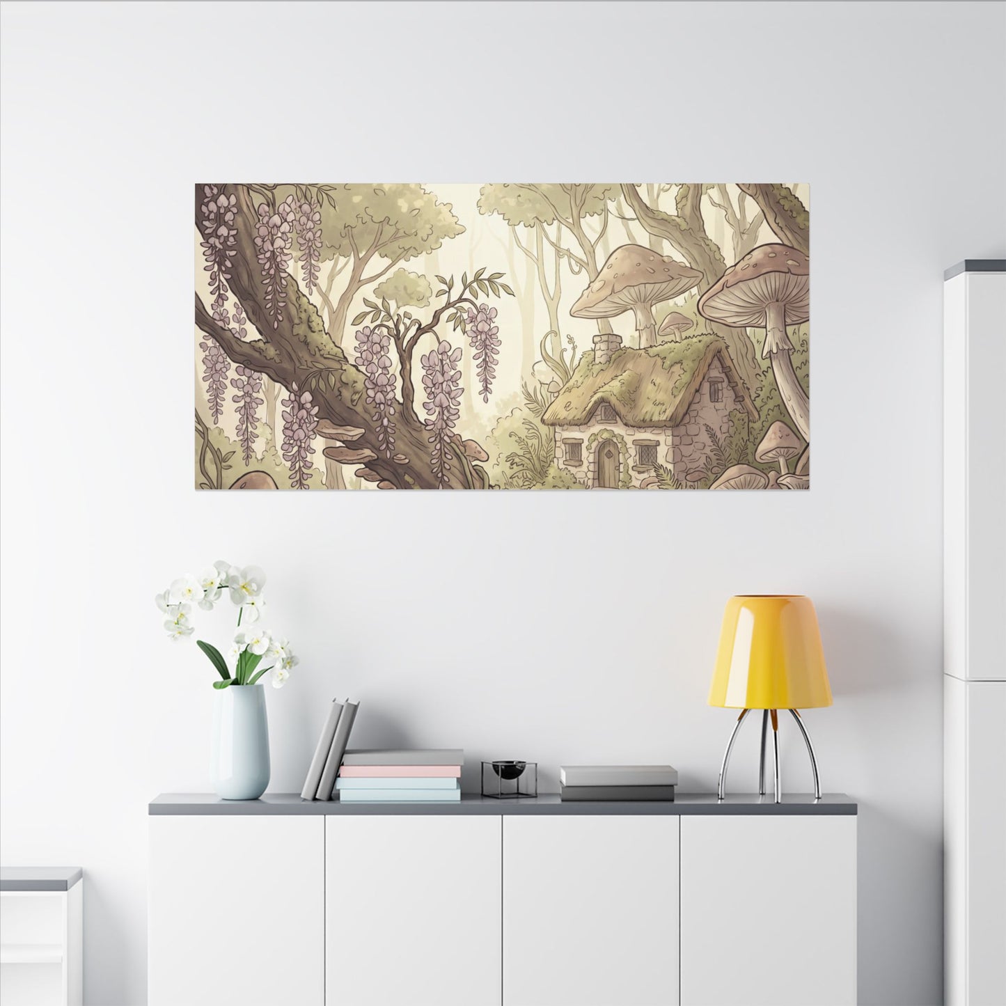 Summer Wisteria Mushroom Illustration Canvas Art | Enchanting Decor