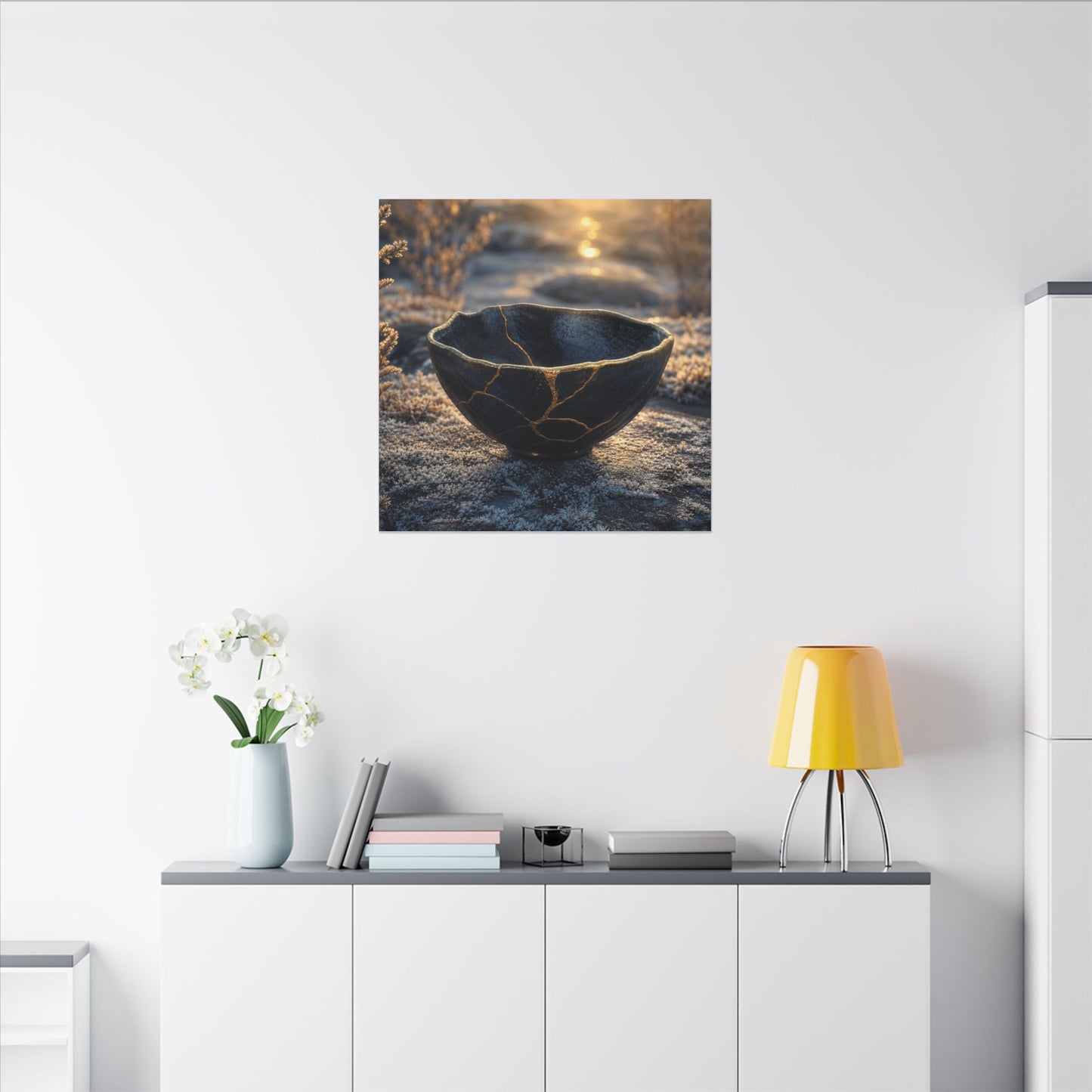 Ceramic Bowl Canvas Art | Winter Kintsugi Gold Repair Art