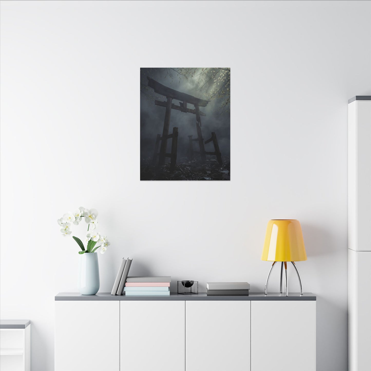 Dark Japandi Torii Gate in Dappled | Moody Minimal Canvas Art