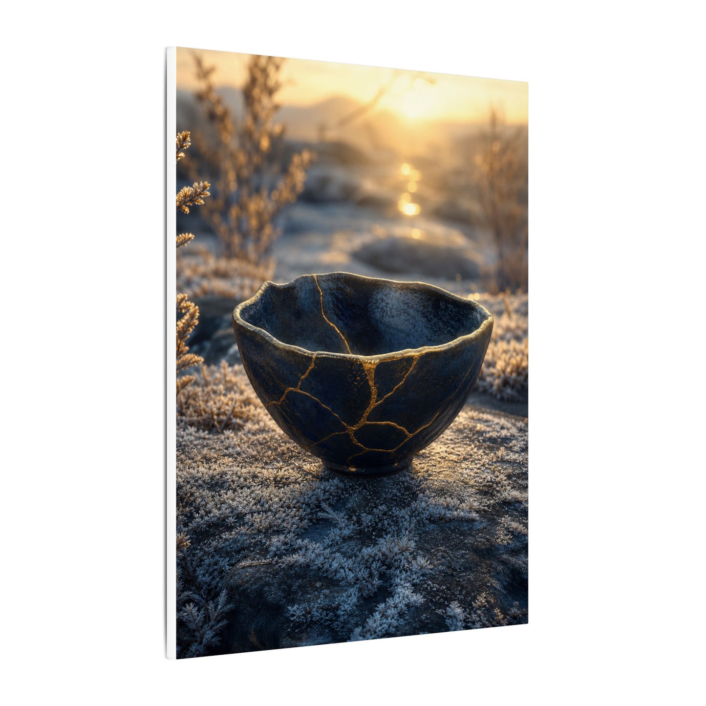 Ceramic Bowl Canvas Art | Winter Kintsugi Gold Repair Art