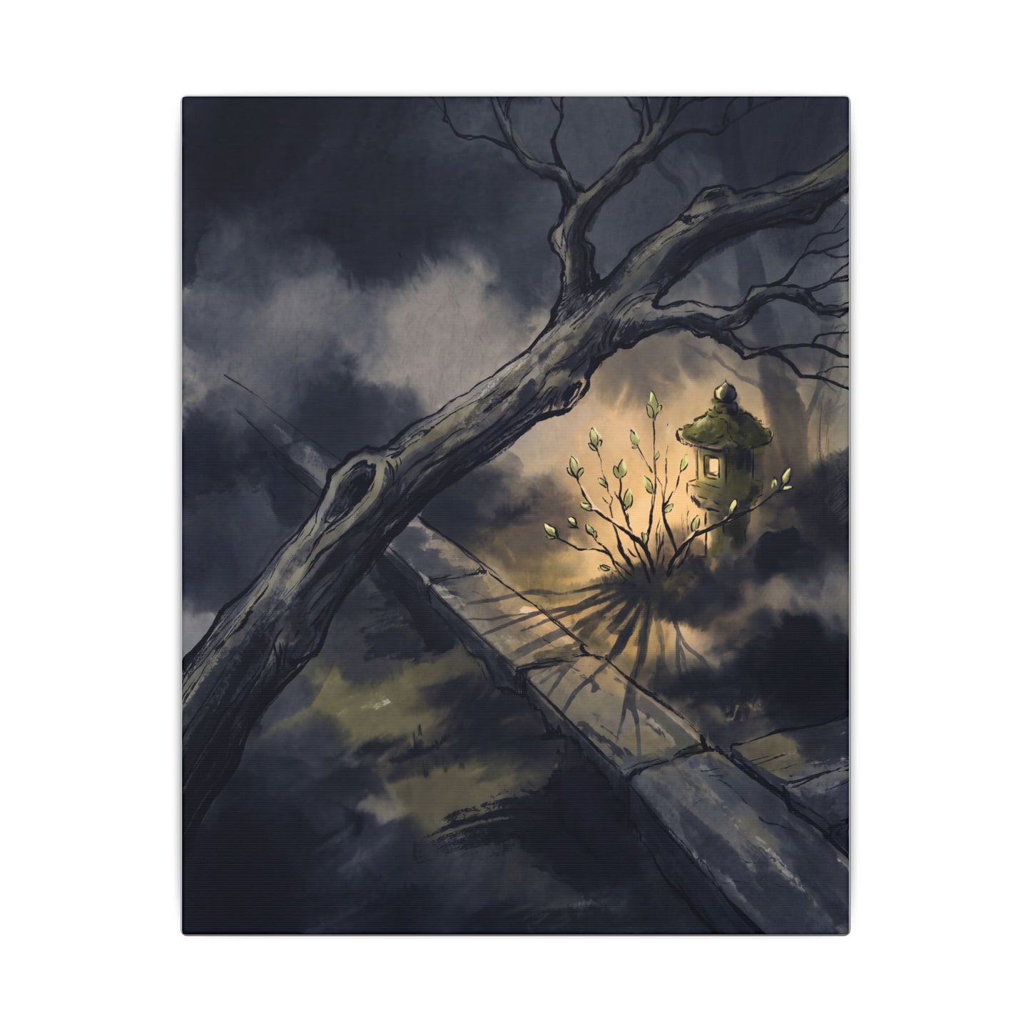 Dark Japandi Moonlit Garden in Golden Hour | Charcoal Ink Canvas Art
