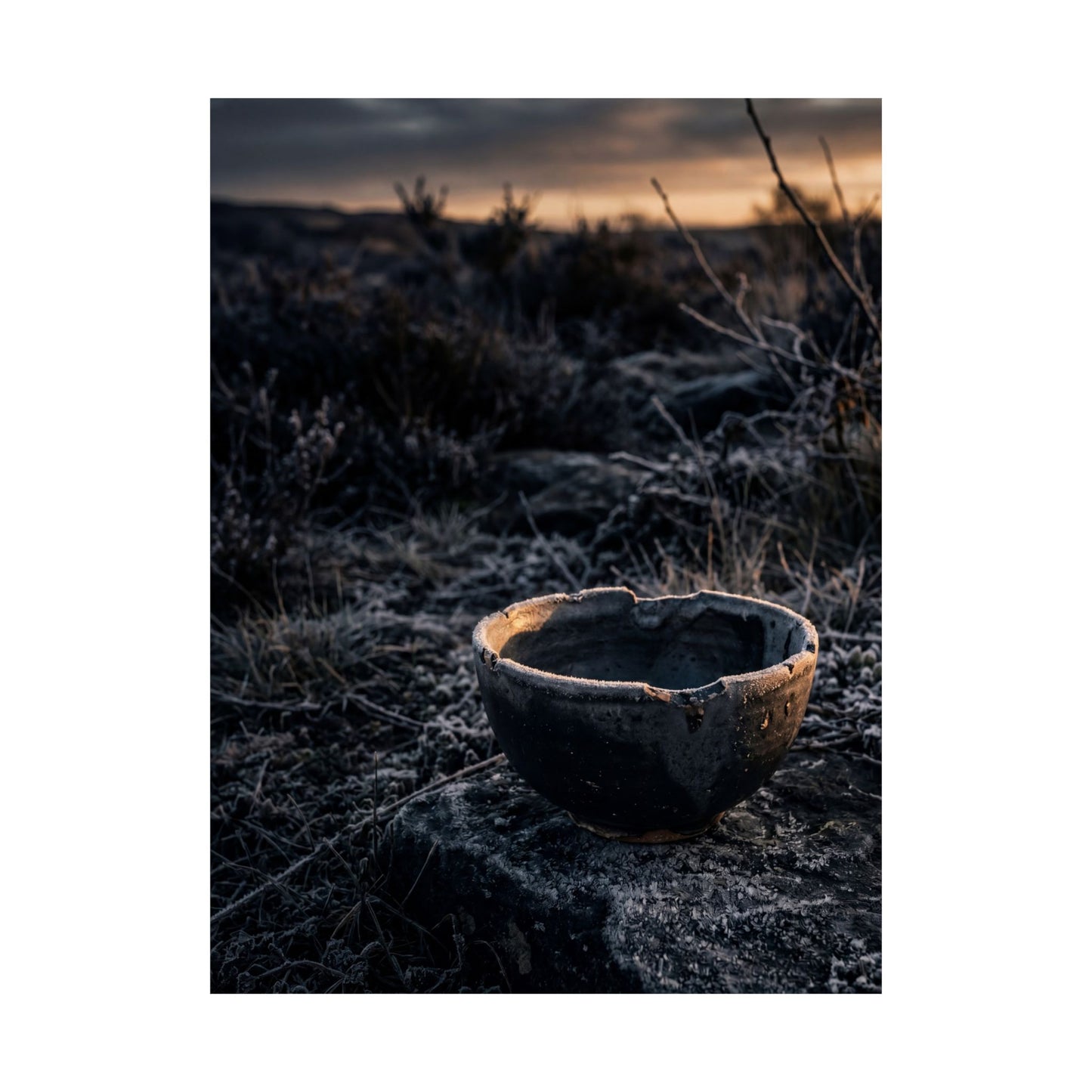 Dark Japandi Ceramic Bowl in Golden Hour | Dark Texture Wall Art Print