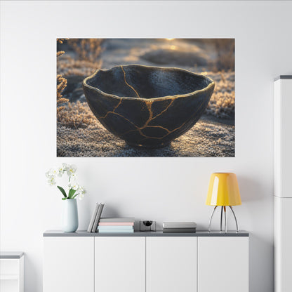 Ceramic Bowl Canvas Art | Winter Kintsugi Gold Repair Art
