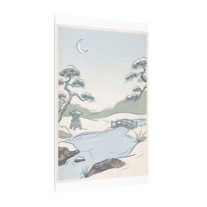 Japandi Moonlit Garden in Moonlight | Minimal Line Canvas Art