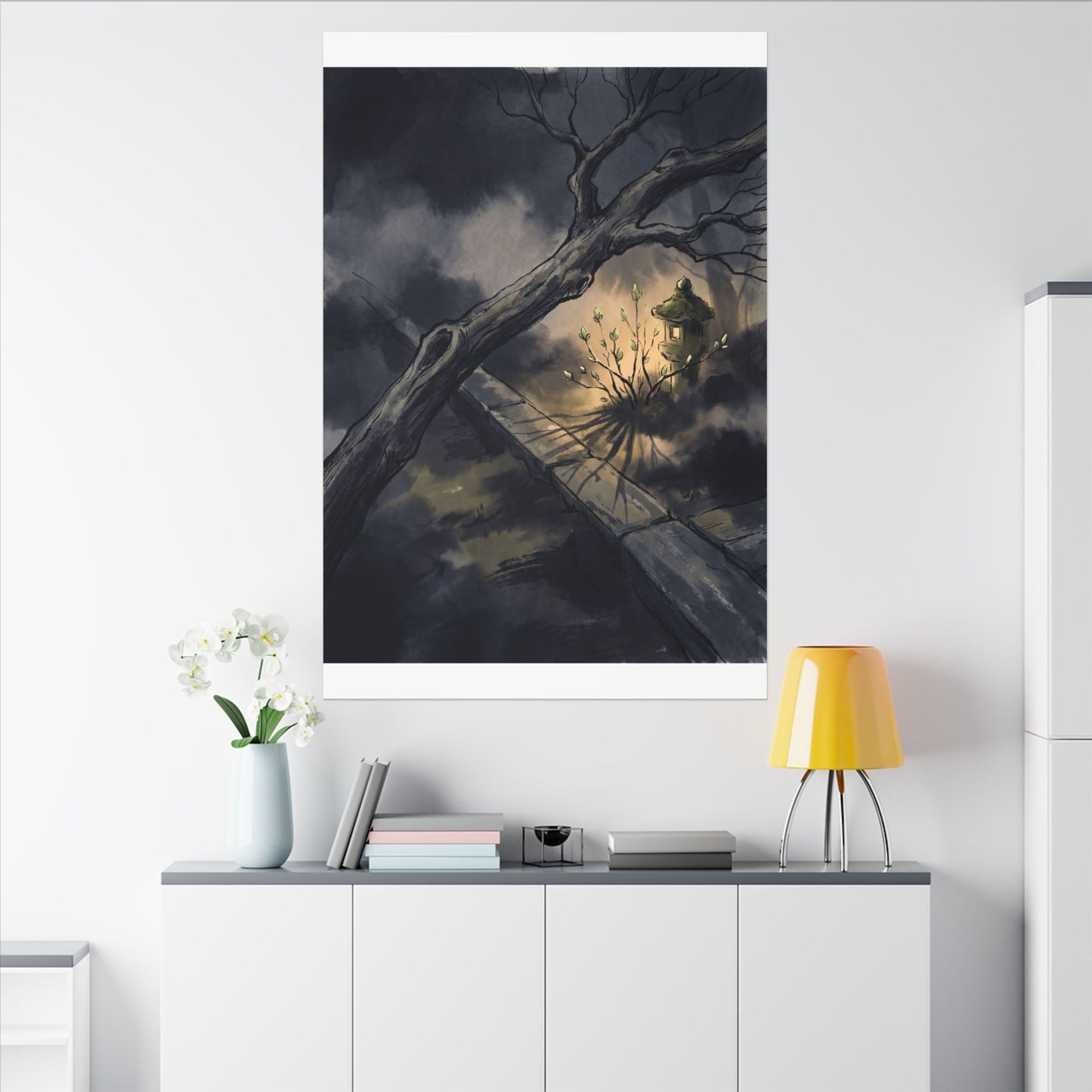 Dark Japandi Moonlit Garden in Golden Hour | Charcoal Ink Canvas Art