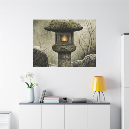 Stone Lantern Winter Canvas Art | Japandi Neutral Design