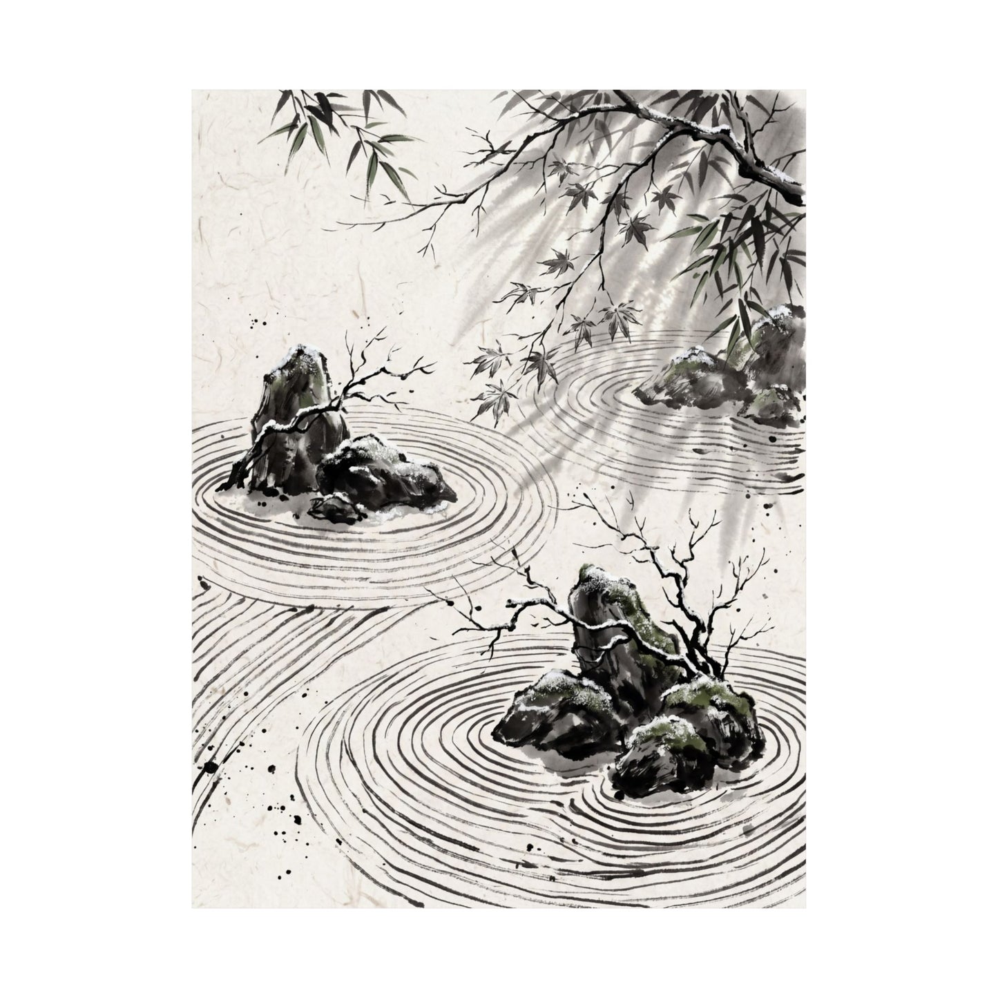 Winter Rock Garden Sumi E Wall Art Print | Serene Decor