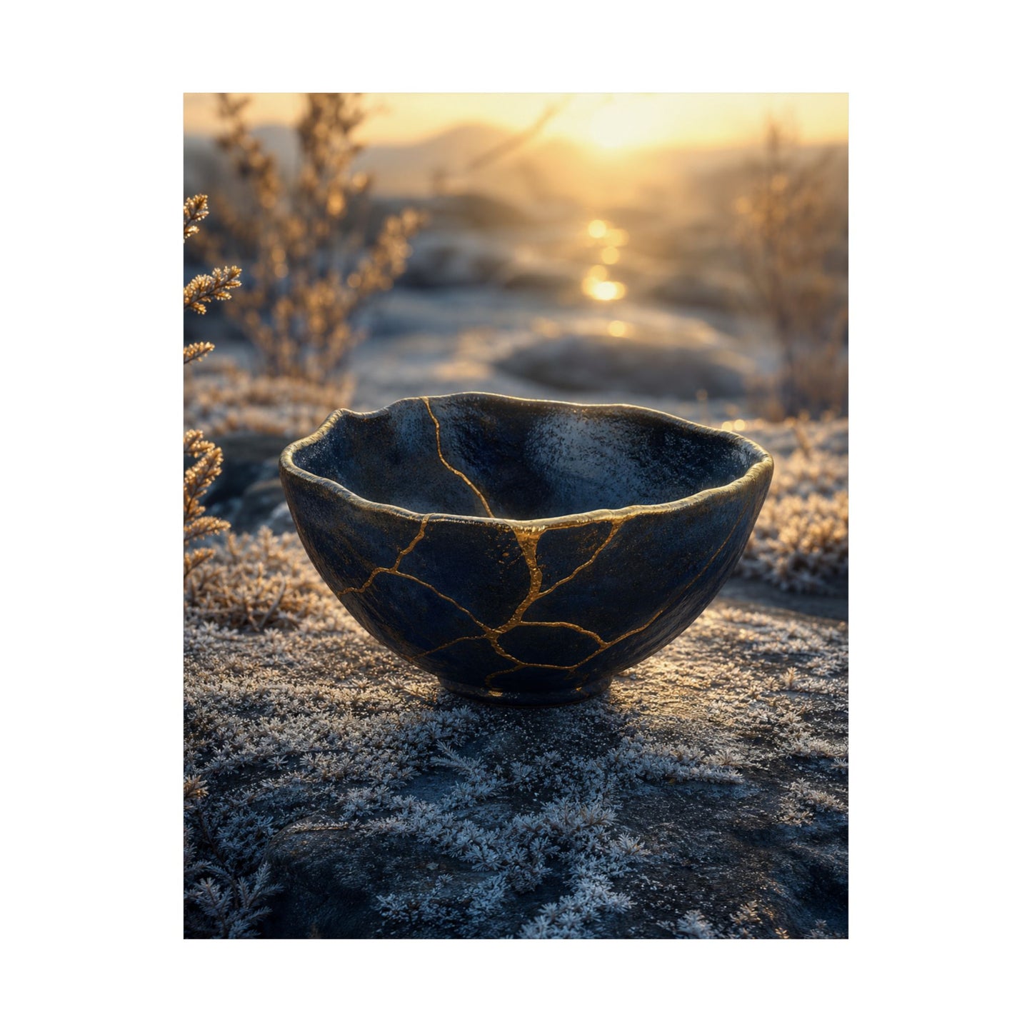 Kintsugi Ceramic Bowl in Golden Hour | Gold Repair Wall Art Print