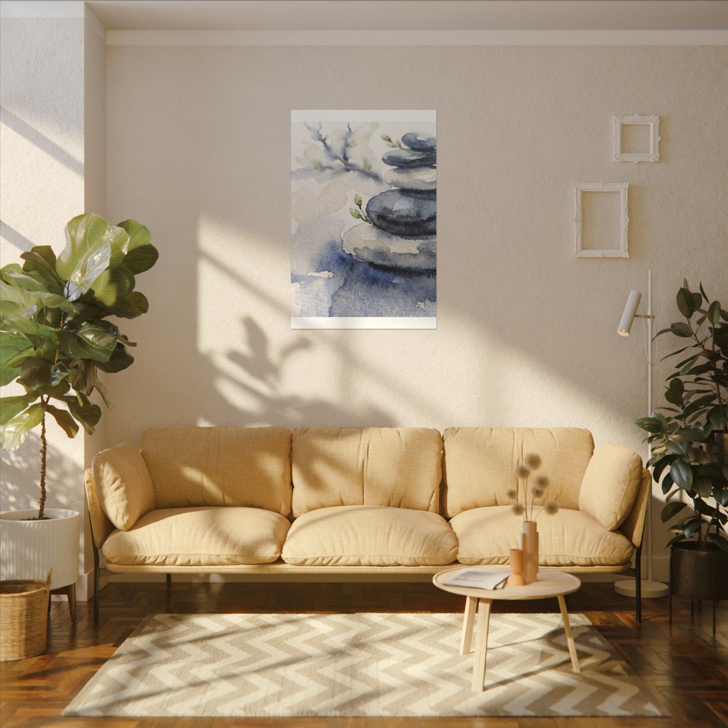 River Stones Watercolor Canvas Art | Cozy Japandi Art