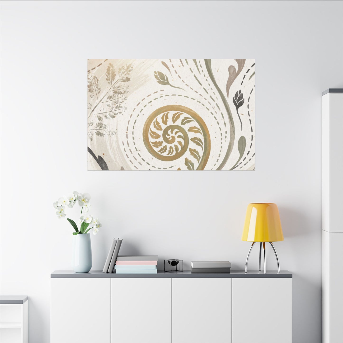 Japandi Fern Unfurling in Golden Hour | Japanese Pattern Canvas Art