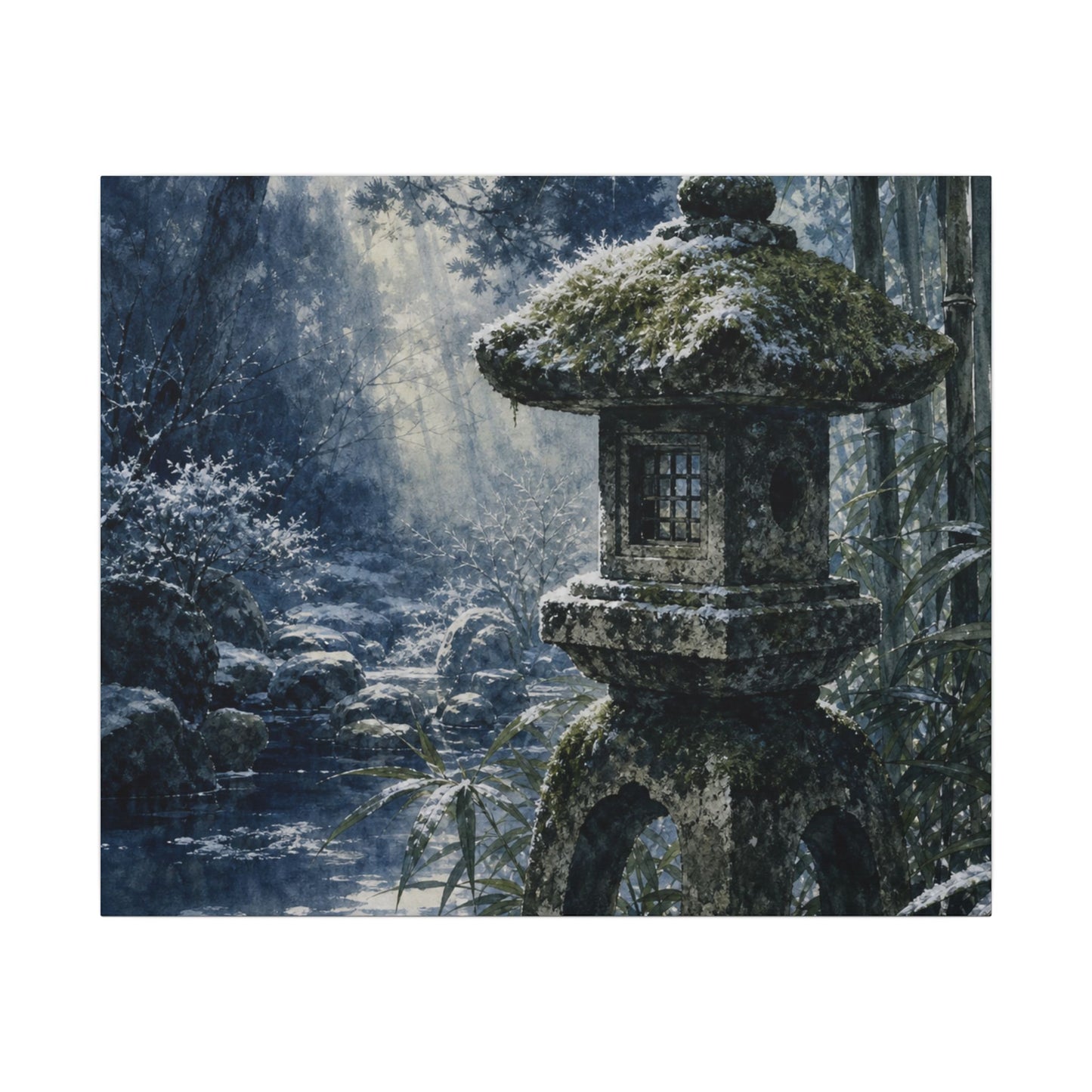 Zen Stone Lantern in Dappled | Sumi E Canvas Art