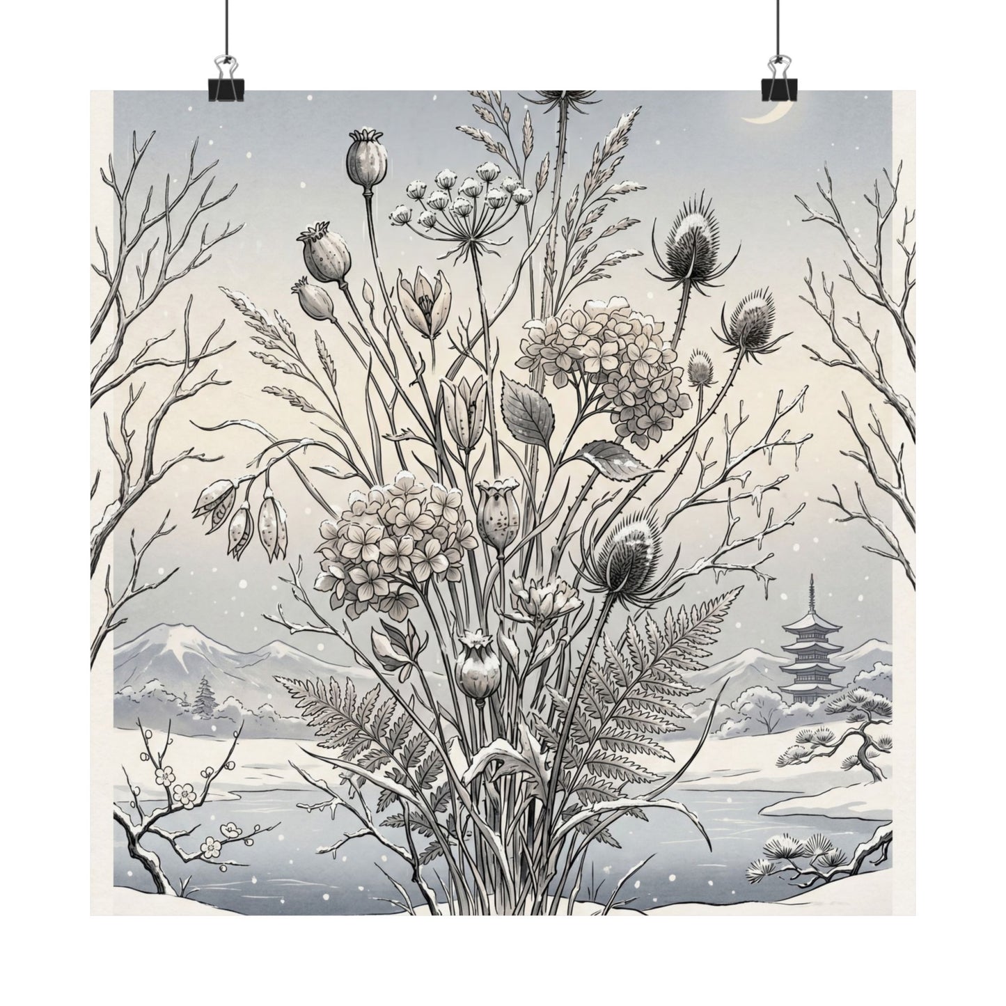 Zen Dried Flowers in Dawn | Ukiyo E Inspired Wall Art Print