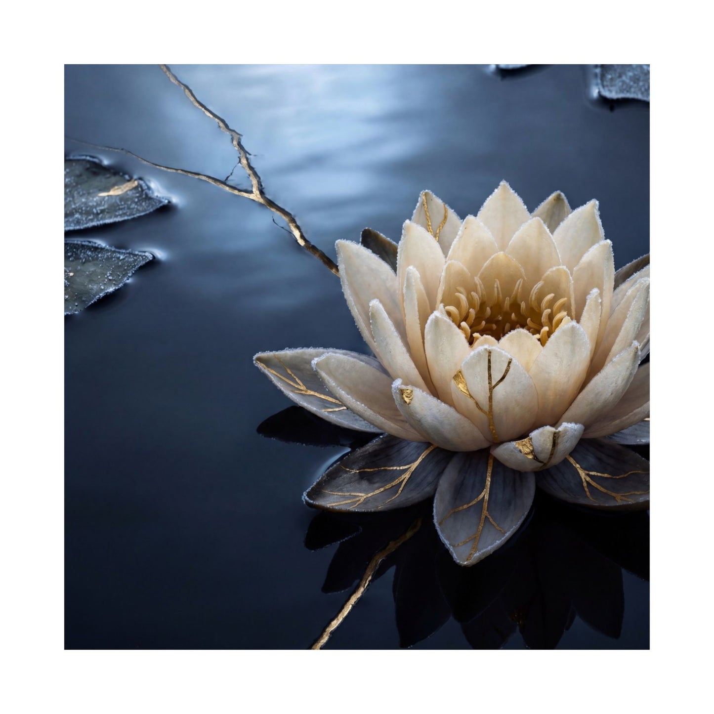 Winter Lotus Flower Gold Vein Wall Art Print | Resilient Decor