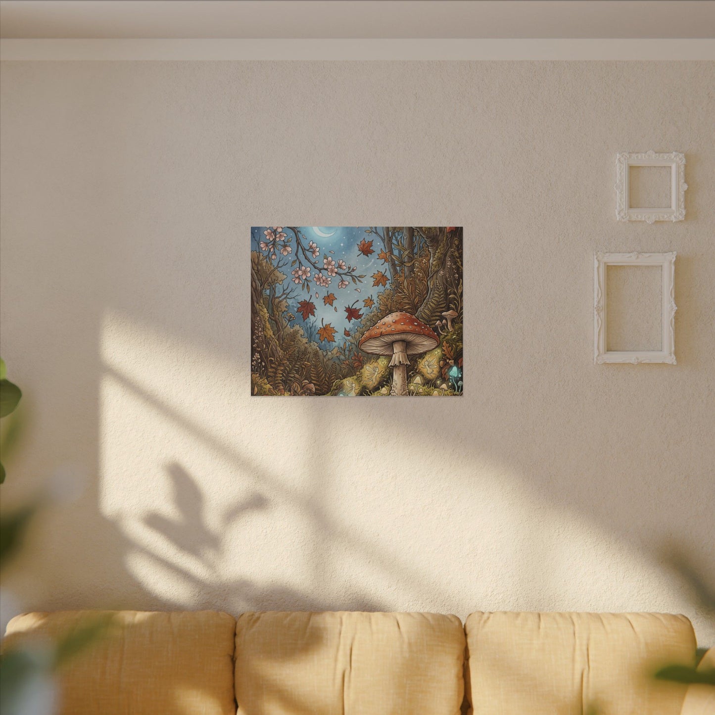 Autumn Cherry Blossom Mushroom Illustration Canvas Art | Enchanting Decor