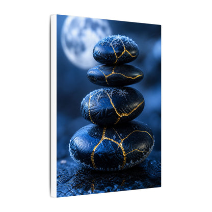 River Stones Canvas Art | Winter Kintsugi Gold Repair Art