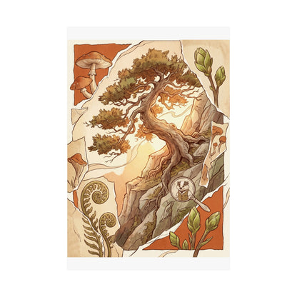 Spring Pine Tree Mushroom Illustration Wall Art Print | Cozy Decor