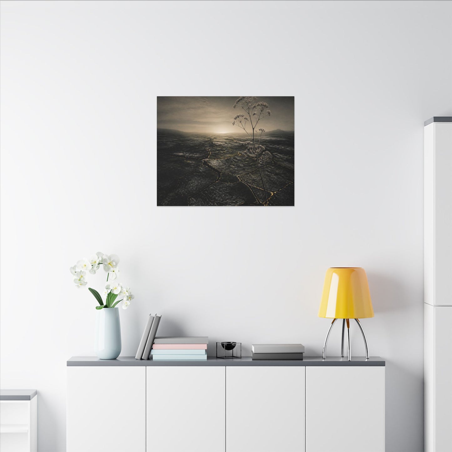 Dawn Cracked Earth Canvas Art - Dark Japandi Mono No Aware