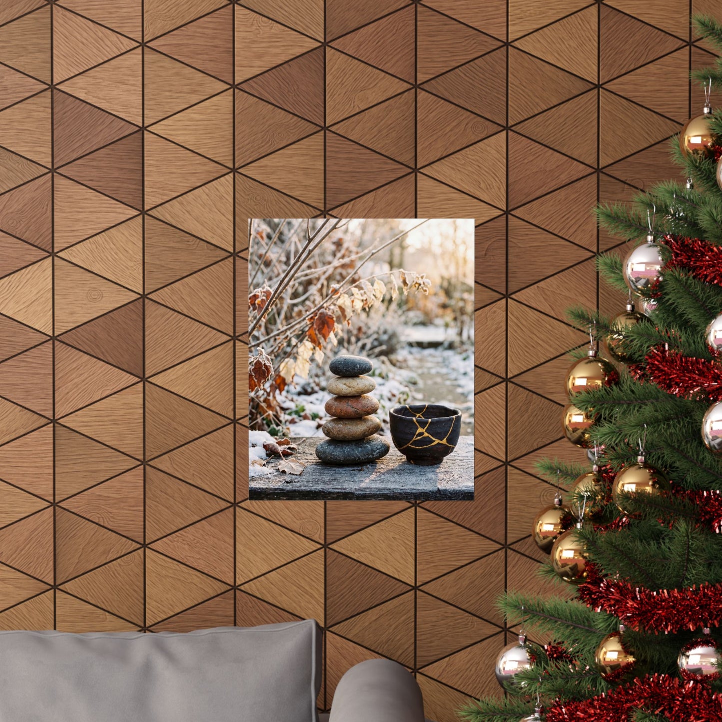 Winter River Stones Gold Repair Wall Art Print | Healing Decor