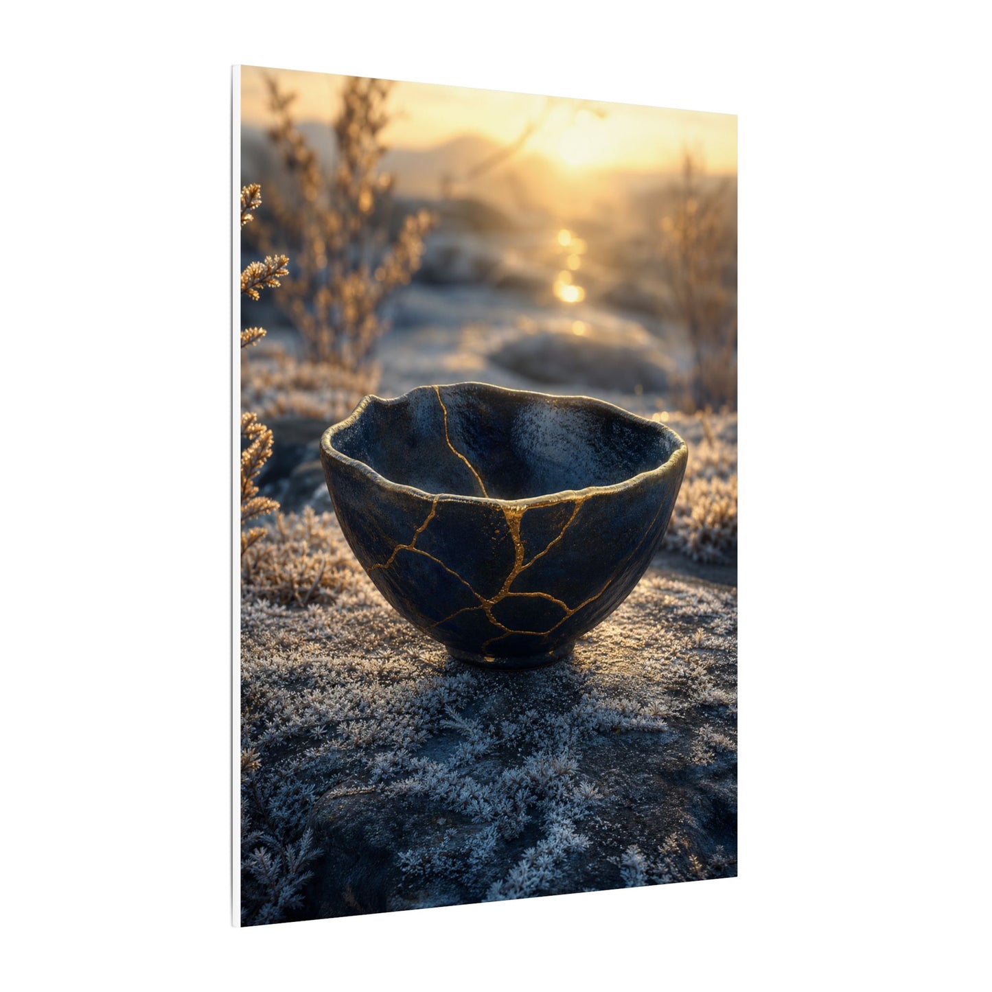 Ceramic Bowl Canvas Art | Winter Kintsugi Gold Repair Art