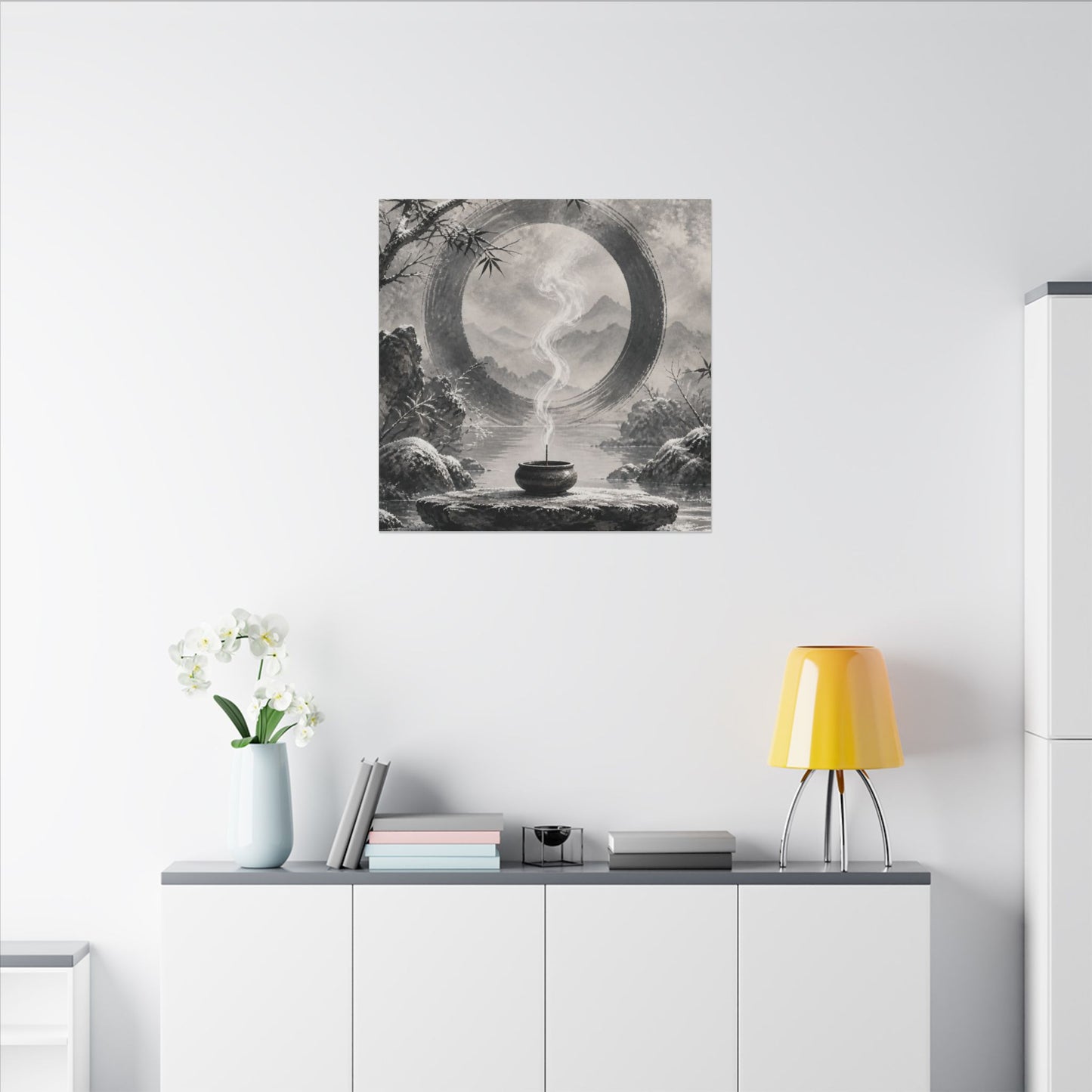 Incense Smoke Canvas Art | Winter Zen Sumi E Art