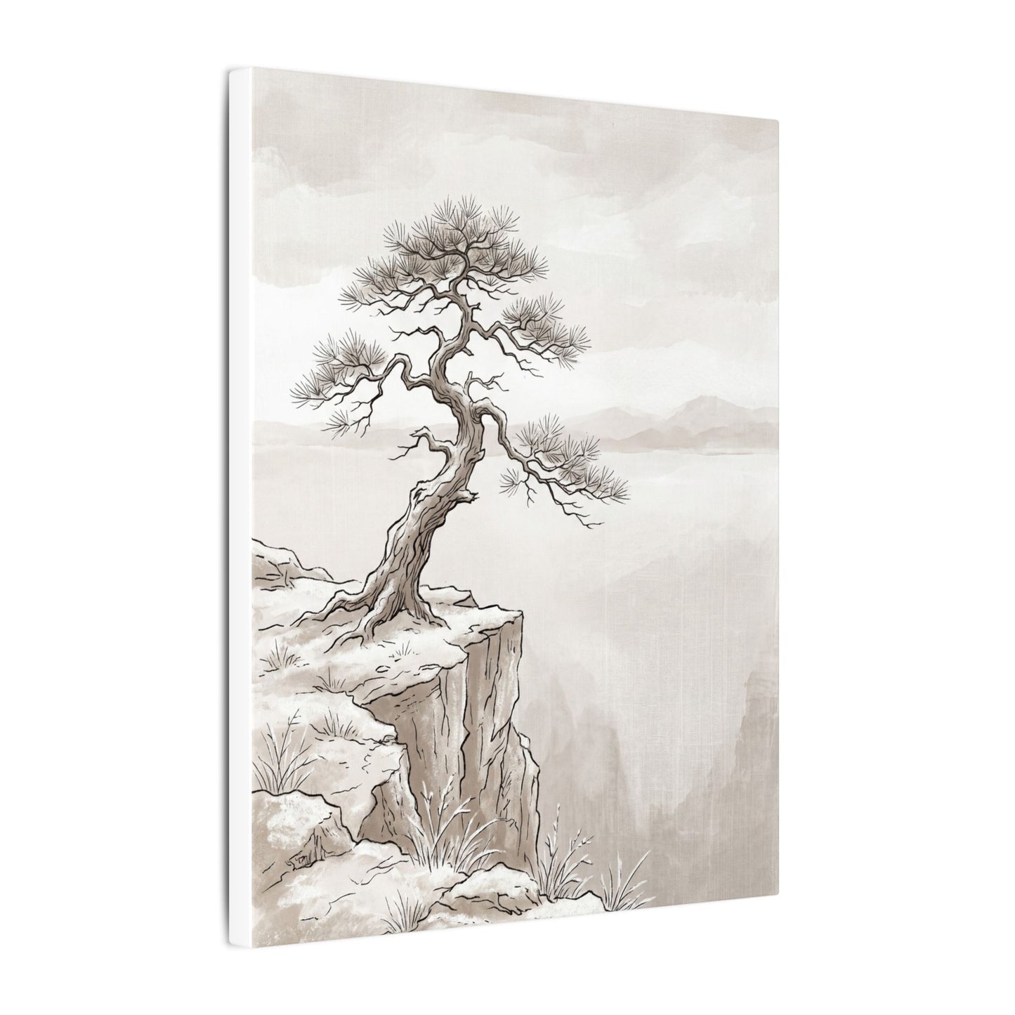 Neutral Pine Tree Canvas Art - Minimal Line Japandi