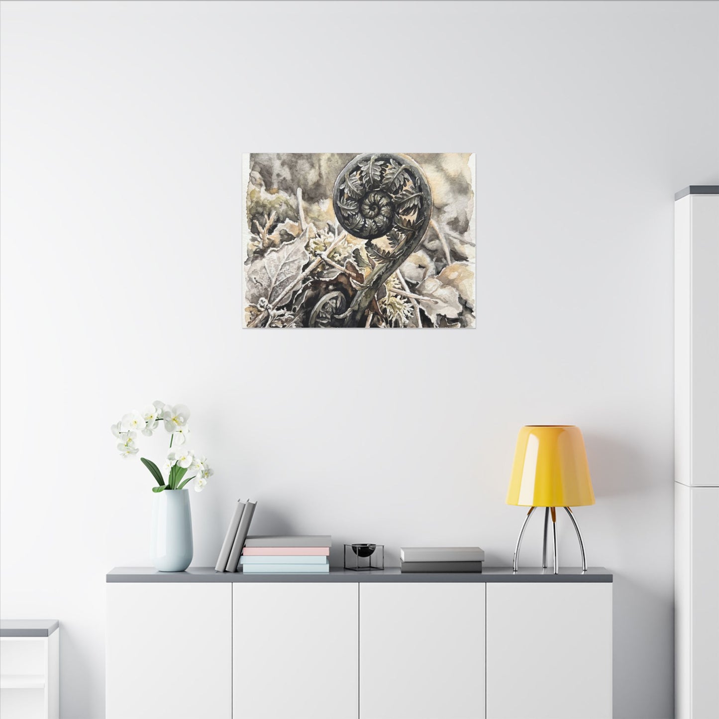 Japandi Fern Unfurling in Golden Hour | Watercolor Canvas Art