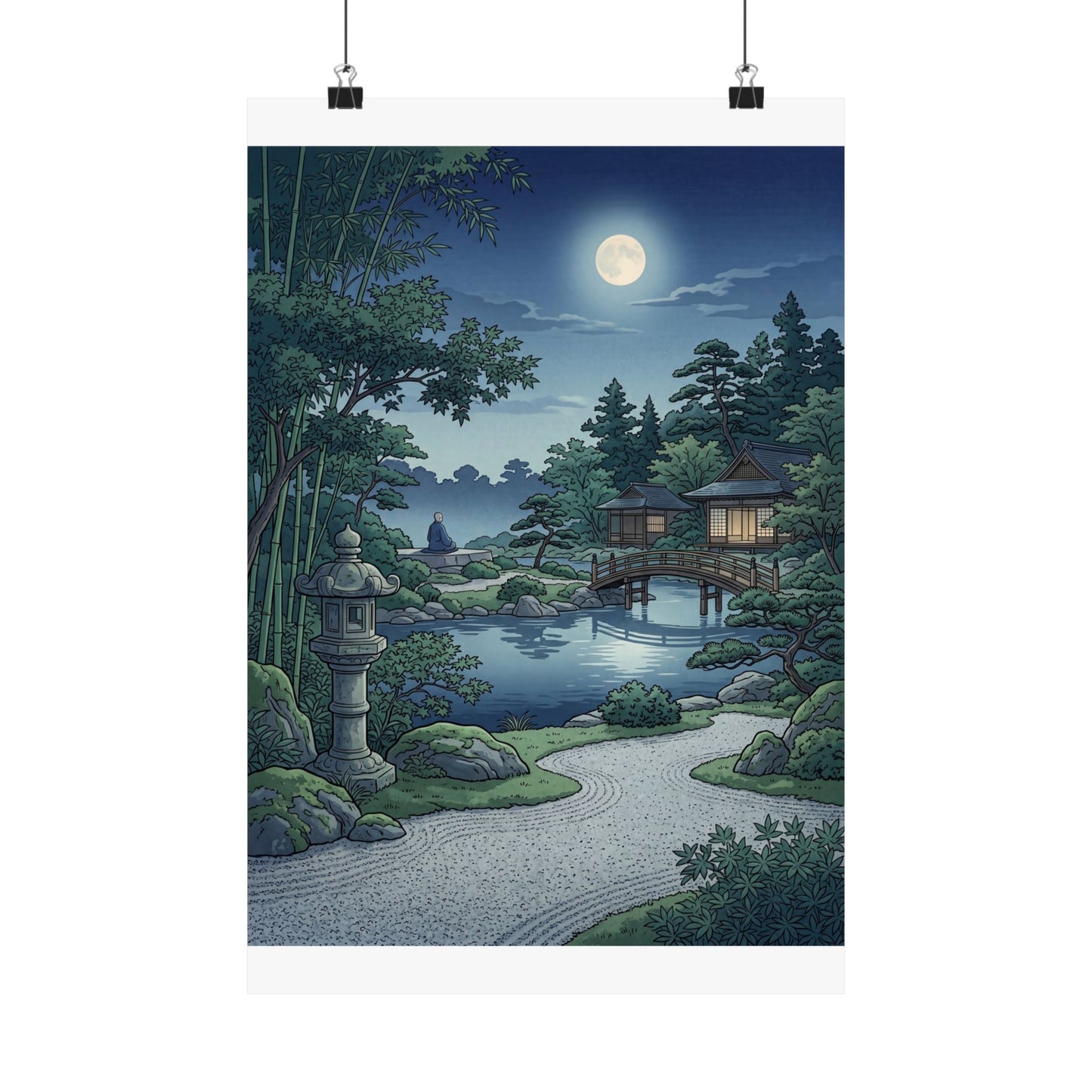 Kanso Moonlit Garden Wall Art Print - Zen Ukiyo E Inspired