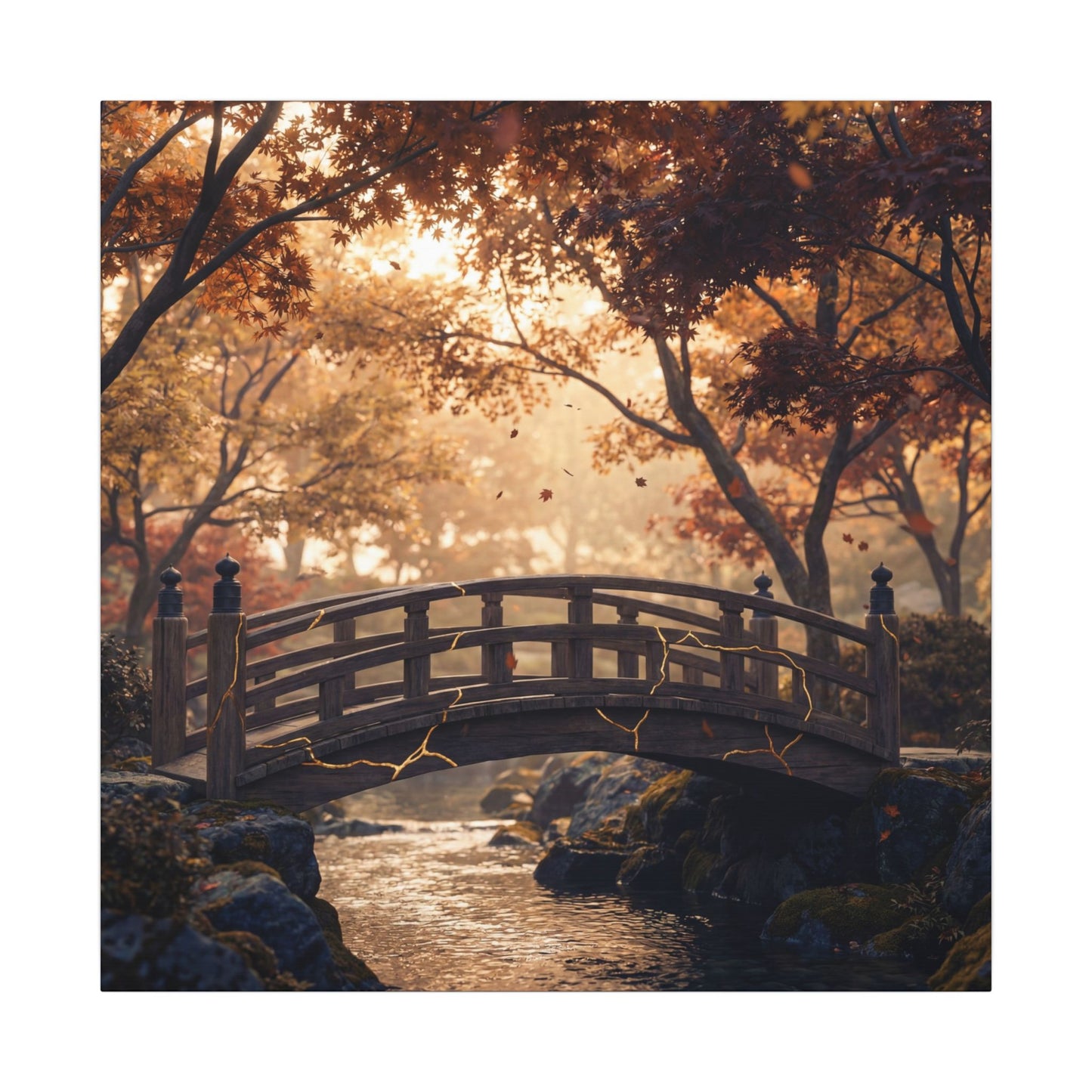 Autumn Wooden Bridge Gold Vein Canvas Art | Resilient Decor