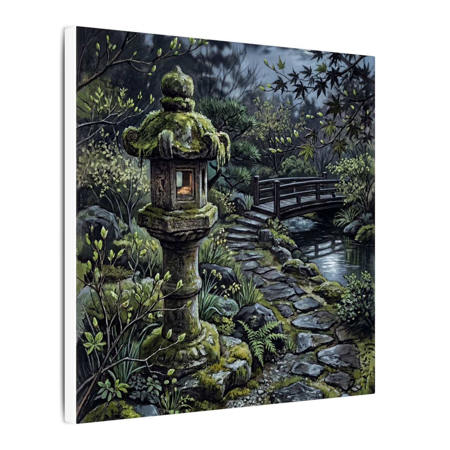 Japandi Stone Lantern in Moonlight | Texture Canvas Art