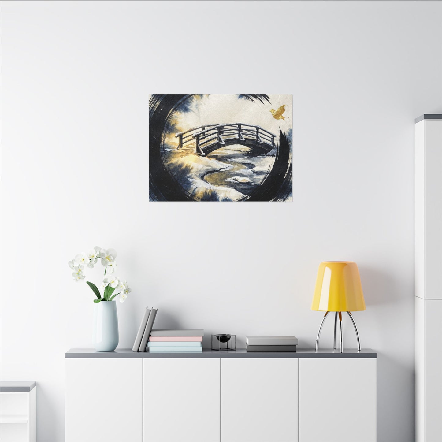 Winter Wooden Bridge Enso Canvas Art | Serene Decor