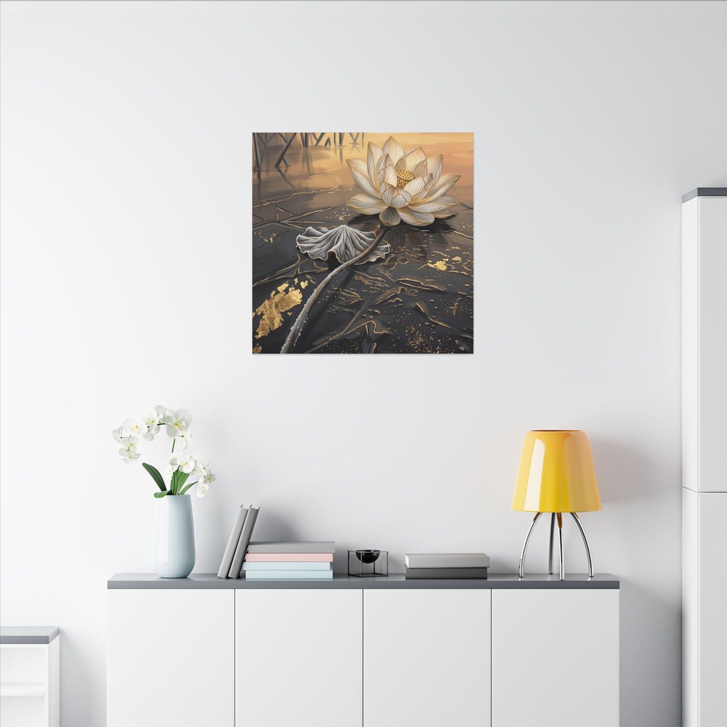 Kintsugi Lotus Flower in Golden Hour | Gold Vein Canvas Art