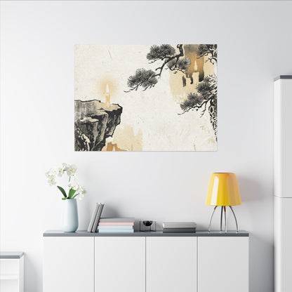 Japandi Pine Tree in Candlelight | Japanese Pattern Canvas Art