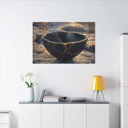 Ceramic Bowl Canvas Art | Winter Kintsugi Gold Repair Art