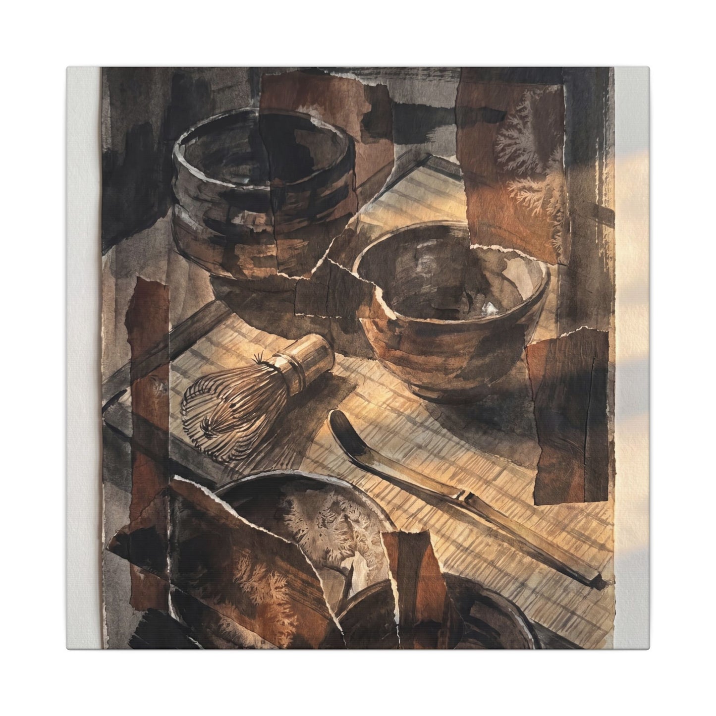 Tea Ceremony Charcoal Ink Canvas Art | Luxurious Dark Japandi Art