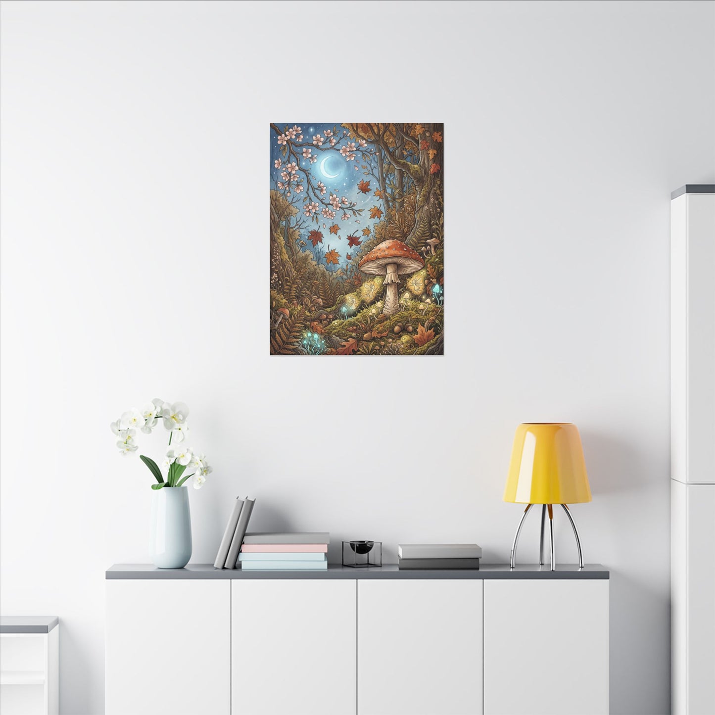 Autumn Cherry Blossom Mushroom Illustration Canvas Art | Enchanting Decor